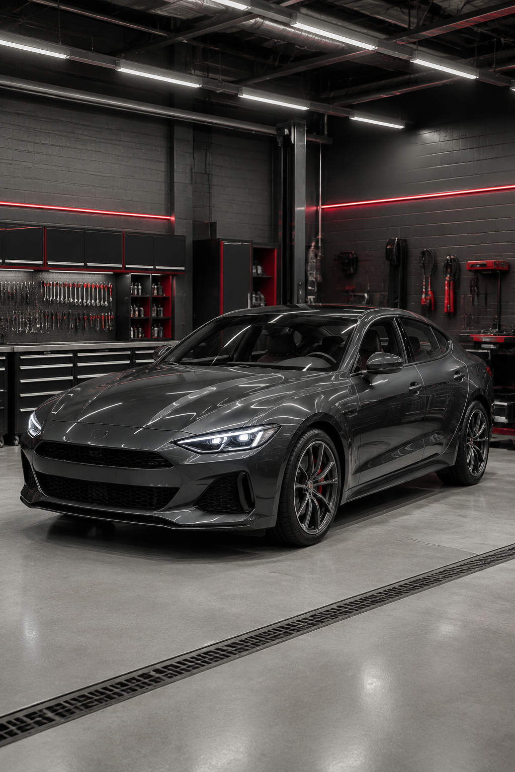 Premium car in a bright, organised automotive service bay